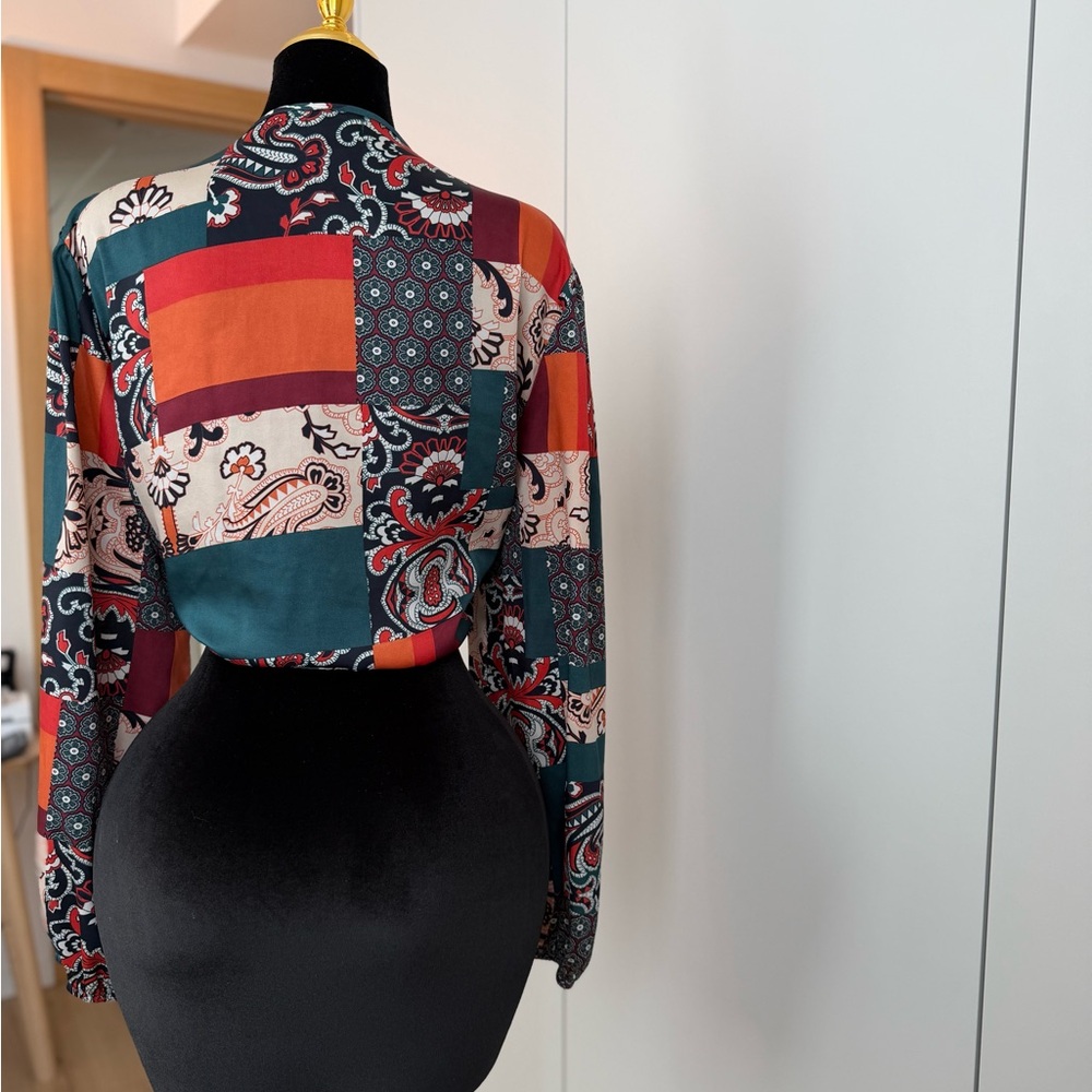 Boohoo Plus Teal & Rust Patchwork Tie-Front Crop … - image 3